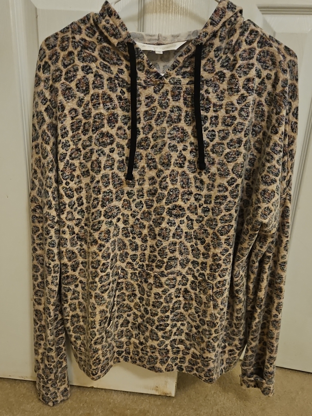 Leopard Print Hooded Pullover with Black Drawstrings